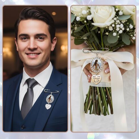 Wedding Bouquet Photo Charms, 2PCS Bouquet Charms for Wedding Memory Pin Brooch Making Kit Single Lacy Frame Weddings Charm Oval Glass Cabochons Picture Frame with Pendant for Weddings Memory Funeral in Kuwait