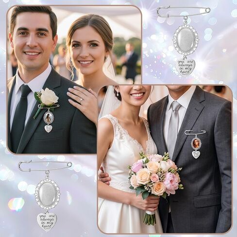 Wedding Bouquet Photo Charms, 2PCS Bouquet Charms for Wedding Memory Pin Brooch Making Kit Single Lacy Frame Weddings Charm Oval Glass Cabochons Picture Frame with Pendant for Weddings Memory Funeral in Kuwait