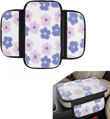 Fluffy Car Armrest Cover with Side Pockets, Cute Flower-Decorated Armrest Box Protective Cover, Plush Comfortable Center Console Elbow Rest Pad, for Most Cars (Purple) in Saudi Arabia