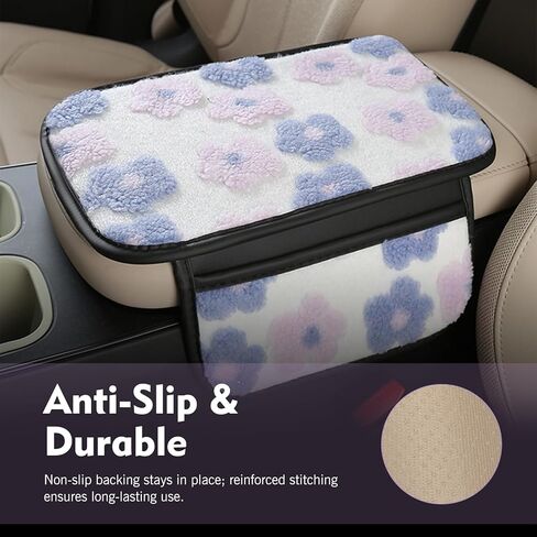 Fluffy Car Armrest Cover with Side Pockets, Cute Flower-Decorated Armrest Box Protective Cover, Plush Comfortable Center Console Elbow Rest Pad, for Most Cars (Purple) in Saudi Arabia