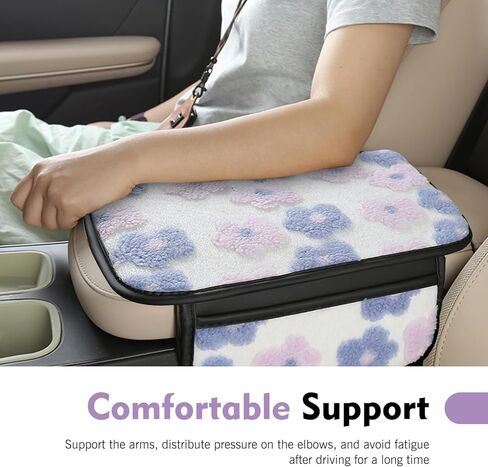 Fluffy Car Armrest Cover with Side Pockets, Cute Flower-Decorated Armrest Box Protective Cover, Plush Comfortable Center Console Elbow Rest Pad, for Most Cars (Purple) in Saudi Arabia