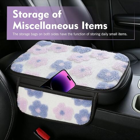 Fluffy Car Armrest Cover with Side Pockets, Cute Flower-Decorated Armrest Box Protective Cover, Plush Comfortable Center Console Elbow Rest Pad, for Most Cars (Purple) in Saudi Arabia
