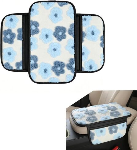 Fluffy Car Armrest Cover with Side Pockets, Cute Flower-Decorated Armrest Box Protective Cover, Plush Comfortable Center Console Elbow Rest Pad, for Most Cars (Purple) in Saudi Arabia