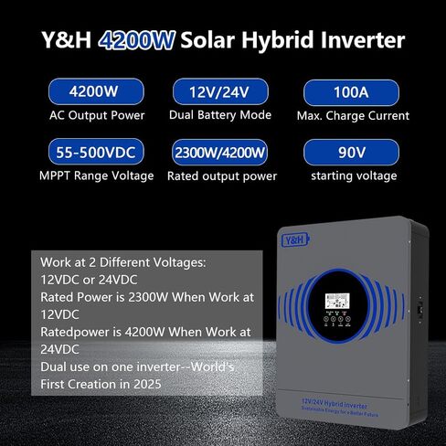 Y&H 4200 واط عاكس شمسي هجين AC230V إلى DC12V/24V مزدوج الجهد موجة جيبية نقية خارج الشبكة، وحدة تحكم MPPT مدمجة 100 أمبير، أقصى طاقة PV 4000 واط مدخل مع BMS /RS485، للمنزل/RV/الطاقة الاحتياطية in Kuwait