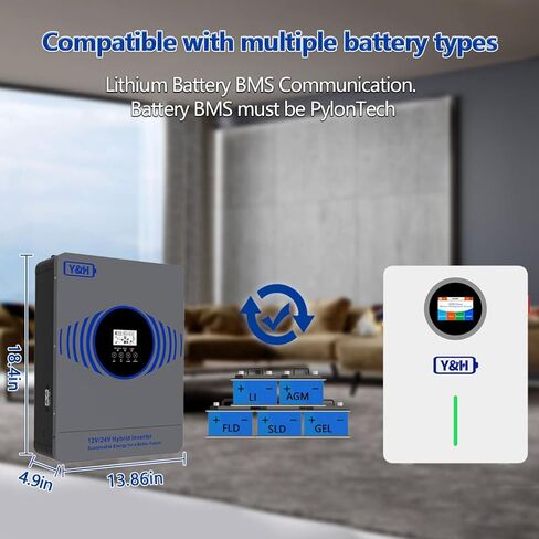 Y&H 4200 واط عاكس شمسي هجين AC230V إلى DC12V/24V مزدوج الجهد موجة جيبية نقية خارج الشبكة، وحدة تحكم MPPT مدمجة 100 أمبير، أقصى طاقة PV 4000 واط مدخل مع BMS /RS485، للمنزل/RV/الطاقة الاحتياطية in Kuwait