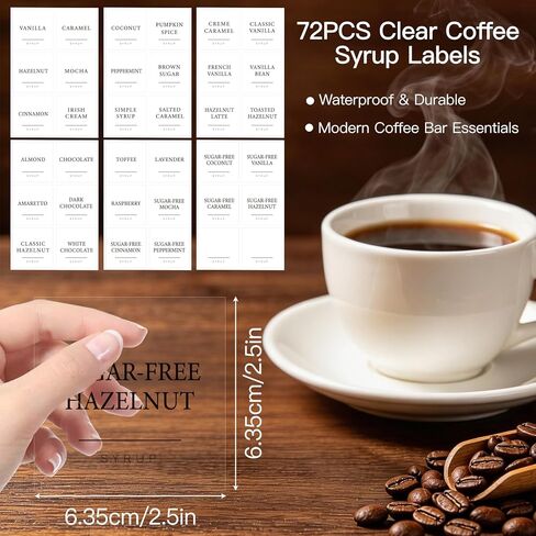 72PCS Clear Waterproof Coffee Syrup Labels, Minimalist Transparent Decals Stickers for Coffee Bar Organization, Glass Syrup Bottles, Dispensers and Pump Bottles, 2.5"x2.5" in Saudi Arabia