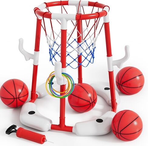Pool Basketball Hoop for Kids 4-8 8-12, 2 in1 Floating Basketball Hoop Set with 4 Balls,12 Rings&Pump, Swimming Pool Basketball Water Toys for Summer Outdoor Family Party Game Toys in Kuwait