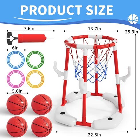 Pool Basketball Hoop for Kids 4-8 8-12, 2 in1 Floating Basketball Hoop Set with 4 Balls,12 Rings&Pump, Swimming Pool Basketball Water Toys for Summer Outdoor Family Party Game Toys in Kuwait