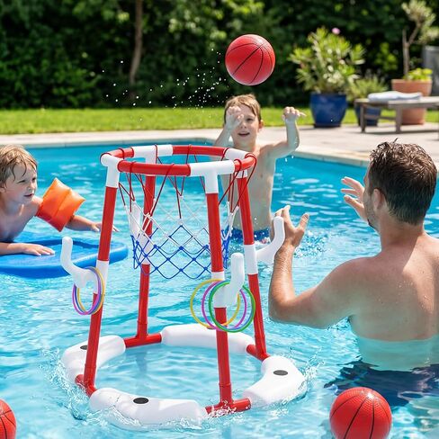 Pool Basketball Hoop for Kids 4-8 8-12, 2 in1 Floating Basketball Hoop Set with 4 Balls,12 Rings&Pump, Swimming Pool Basketball Water Toys for Summer Outdoor Family Party Game Toys in Kuwait