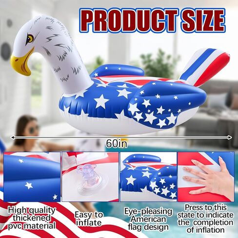 American Flag Inflatable Eagle Pool Float-60 Inch 4th of July Swim Tube Rings 250th Anniversary Red White & Blue Floating Raft for Summer Lake Beach Pool Party Ride in Saudi Arabia