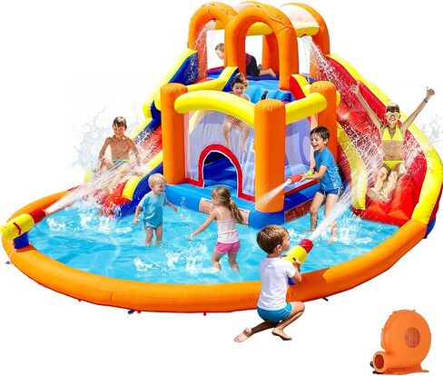 HuaKastro [Upgraded Version] Bounce House Water Slide Combo for Big Kids 8-12, Water Bounce House with Dual Long Slides & Big Splash Pool, Backyard Water Park for Kids 3-12 in Saudi Arabia