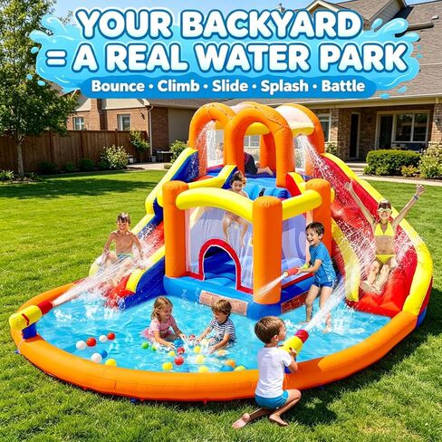 HuaKastro [Upgraded Version] Bounce House Water Slide Combo for Big Kids 8-12, Water Bounce House with Dual Long Slides & Big Splash Pool, Backyard Water Park for Kids 3-12 in Saudi Arabia