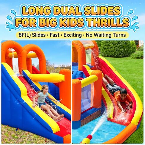 HuaKastro [Upgraded Version] Bounce House Water Slide Combo for Big Kids 8-12, Water Bounce House with Dual Long Slides & Big Splash Pool, Backyard Water Park for Kids 3-12 in Saudi Arabia