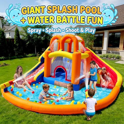 HuaKastro [Upgraded Version] Bounce House Water Slide Combo for Big Kids 8-12, Water Bounce House with Dual Long Slides & Big Splash Pool, Backyard Water Park for Kids 3-12 in Saudi Arabia