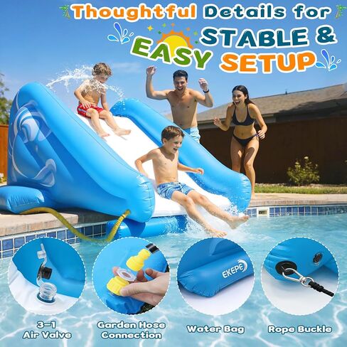 EKEPE Inflatable Water Slide for Pool, Heavy Duty Pool Slide with Water Sprayer for Kids Family Summer Play, Durable Blow Up Backyard Water Slide for Parties, In-ground or Above Ground Pools - Blue in Saudi Arabia