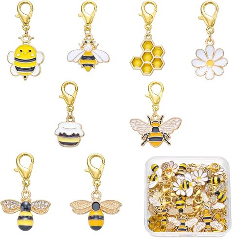 32Pcs 8 Styles Zipper Pull Clip on Bee Daisy Charms for Jewelry Making Alloy Enamel Bag Purse Keychain Charms with Lobster Claw Clasp Pendants for DIY Stitch Markers in Kuwait