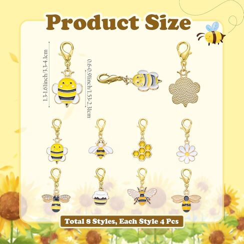 32Pcs 8 Styles Zipper Pull Clip on Bee Daisy Charms for Jewelry Making Alloy Enamel Bag Purse Keychain Charms with Lobster Claw Clasp Pendants for DIY Stitch Markers in Kuwait