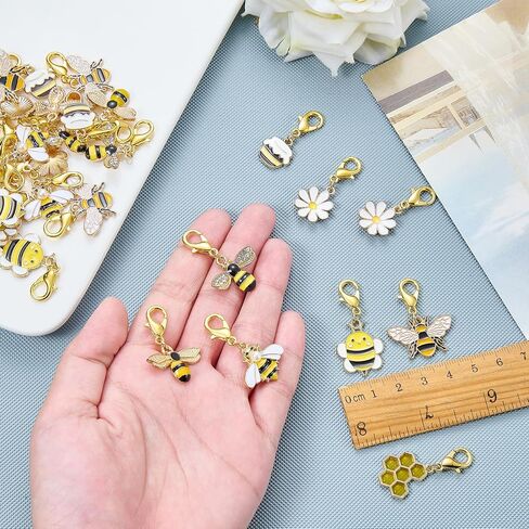 32Pcs 8 Styles Zipper Pull Clip on Bee Daisy Charms for Jewelry Making Alloy Enamel Bag Purse Keychain Charms with Lobster Claw Clasp Pendants for DIY Stitch Markers in Kuwait