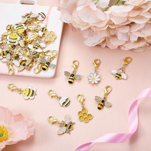32Pcs 8 Styles Zipper Pull Clip on Bee Daisy Charms for Jewelry Making Alloy Enamel Bag Purse Keychain Charms with Lobster Claw Clasp Pendants for DIY Stitch Markers in Kuwait