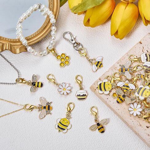 32Pcs 8 Styles Zipper Pull Clip on Bee Daisy Charms for Jewelry Making Alloy Enamel Bag Purse Keychain Charms with Lobster Claw Clasp Pendants for DIY Stitch Markers in Kuwait