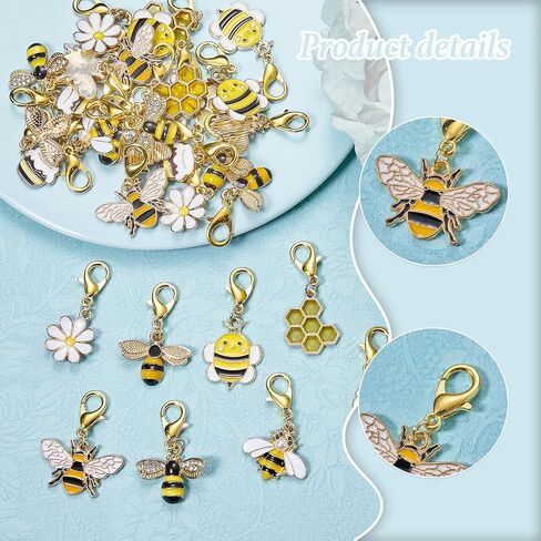 32Pcs 8 Styles Zipper Pull Clip on Bee Daisy Charms for Jewelry Making Alloy Enamel Bag Purse Keychain Charms with Lobster Claw Clasp Pendants for DIY Stitch Markers in Kuwait