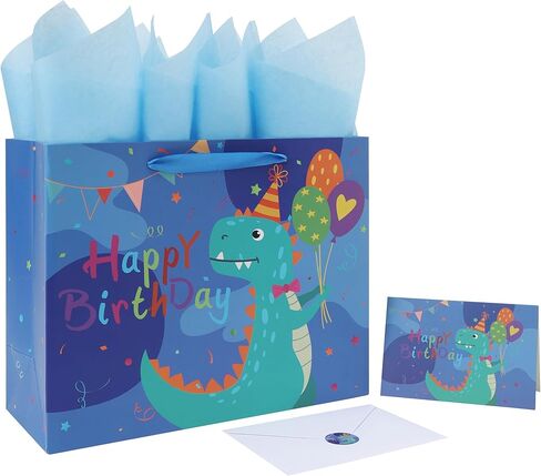 wishinside 13'' Large Dinosaur Birthday Gift Bag Set with Handles, Greeting Card, Tissue Papers and Stickers for Baby Boys Kids Teens for Birthday Party, kids' Parties, Dinosaur Design, 1 Pcs in Kuwait