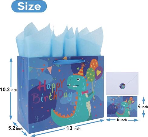 wishinside 13'' Large Dinosaur Birthday Gift Bag Set with Handles, Greeting Card, Tissue Papers and Stickers for Baby Boys Kids Teens for Birthday Party, kids' Parties, Dinosaur Design, 1 Pcs in Kuwait