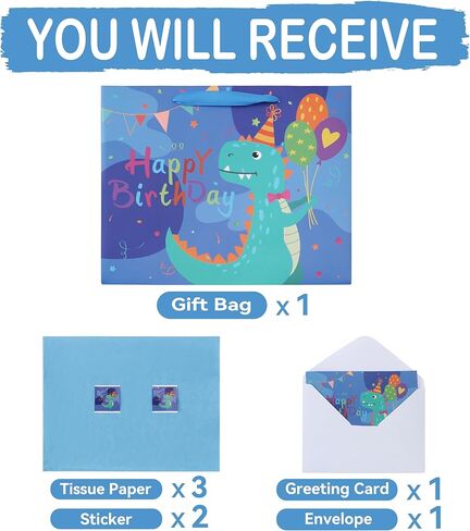 wishinside 13'' Large Dinosaur Birthday Gift Bag Set with Handles, Greeting Card, Tissue Papers and Stickers for Baby Boys Kids Teens for Birthday Party, kids' Parties, Dinosaur Design, 1 Pcs in Kuwait