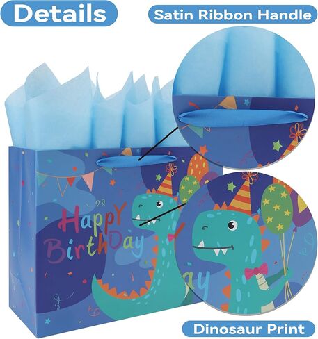 wishinside 13'' Large Dinosaur Birthday Gift Bag Set with Handles, Greeting Card, Tissue Papers and Stickers for Baby Boys Kids Teens for Birthday Party, kids' Parties, Dinosaur Design, 1 Pcs in Kuwait
