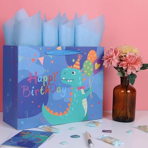 wishinside 13'' Large Dinosaur Birthday Gift Bag Set with Handles, Greeting Card, Tissue Papers and Stickers for Baby Boys Kids Teens for Birthday Party, kids' Parties, Dinosaur Design, 1 Pcs in Kuwait