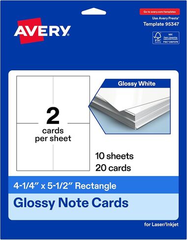 Avery Printable Rectangle Note Cards, 4.25" x 5.5", Glossy White Cardstock, Laser/Inkjet, 100 Total, Great for Thank You Cards, Event Invitations, and More in Saudi Arabia