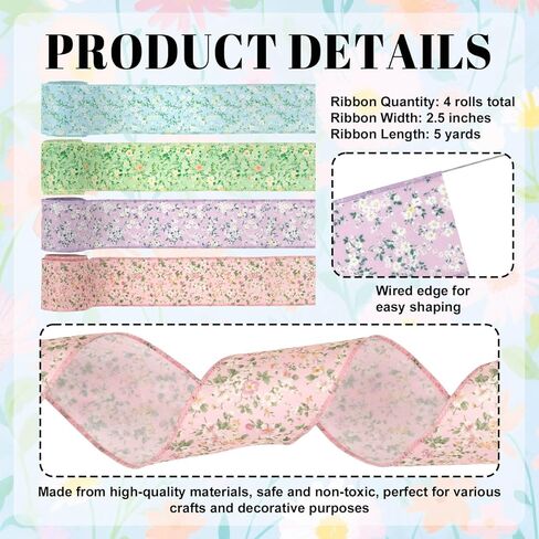 Spring Floral Wired Ribbon 2.5 Inch, 4 Rolls Vintage Wildflower Fabric Ribbon 20 Yards for Wreaths Bow Making Gift Wrapping Easter Party Decor in Saudi Arabia