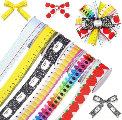 JarThenaAMCS 6 Rolls Back to School Grosgrain Ribbon Pencil Crayon Composition Notebook Fabric Wrapping Ribbon for Classroom DIY Crafts Wreath Bow Making Supplies, 30 Yard in Kuwait