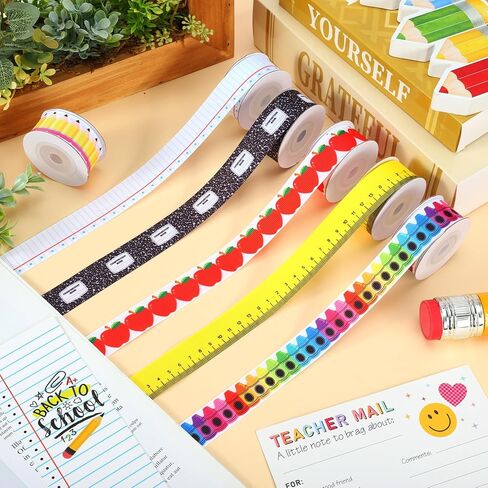JarThenaAMCS 6 Rolls Back to School Grosgrain Ribbon Pencil Crayon Composition Notebook Fabric Wrapping Ribbon for Classroom DIY Crafts Wreath Bow Making Supplies, 30 Yard in Kuwait
