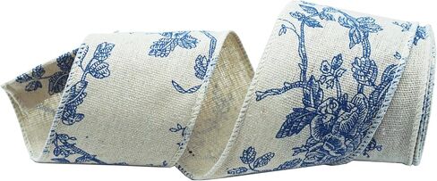 Blue Floral Wired Ribbon, Vintage Damask Ribbon with Wire Edged for Home Decorations, Gift Wrap, Craft, 2.5" x 10 Yards in Saudi Arabia
