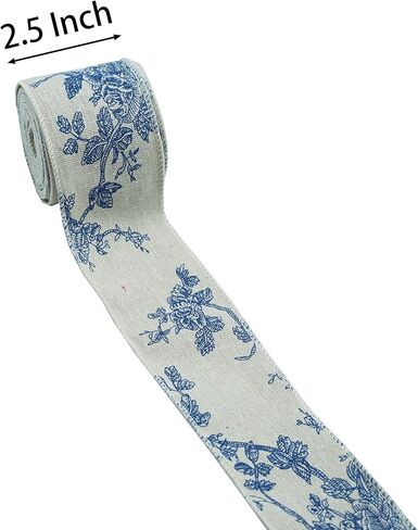 Blue Floral Wired Ribbon, Vintage Damask Ribbon with Wire Edged for Home Decorations, Gift Wrap, Craft, 2.5" x 10 Yards in Saudi Arabia