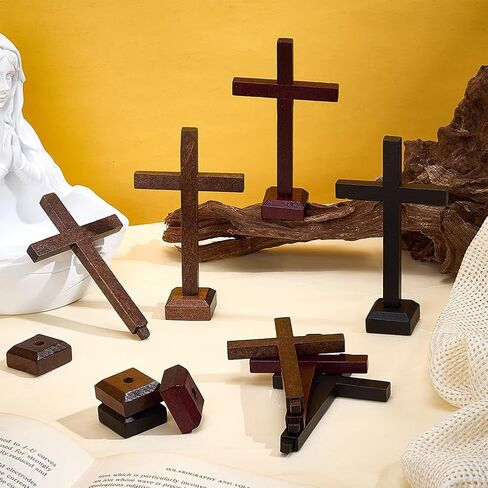 PH PandaHall 12pcs 3 Colors Wooden Crosses, 4 inch Unfinished Wood Crosses Tabletop Cross with Stands Rustic Standing Cross for Crafts Baptism Favors & Table Centerpieces Easter Decoration in Kuwait