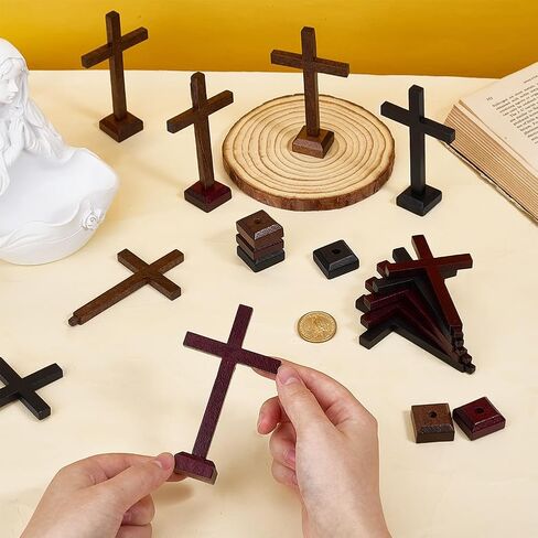 PH PandaHall 12pcs 3 Colors Wooden Crosses, 4 inch Unfinished Wood Crosses Tabletop Cross with Stands Rustic Standing Cross for Crafts Baptism Favors & Table Centerpieces Easter Decoration in Kuwait