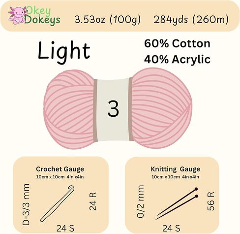 Okeydokeys Cotton Corner Yarn for Knitting and Crocheting, Cream Yarn with Soft and Skin-Friendly, 4-Ply DK Weight 3 Light Yarn, 3.53oz/284y Per Skein, Butter Cream Color 4 in Saudi Arabia