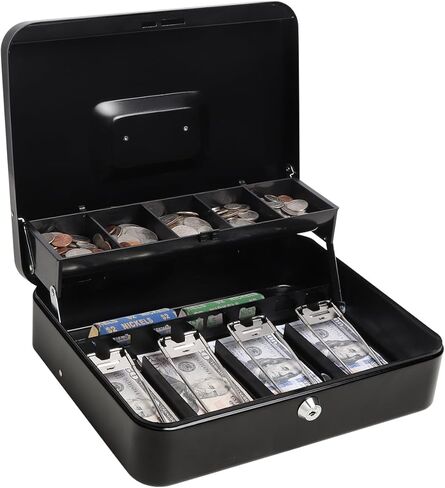 Cash Box with Money Tray and Key Lock,Safe Box for Cash Saving Key Lock Money Organizer,Cash Drawer, 11.8" x 9.5" x 3.5", K-Black in Kuwait