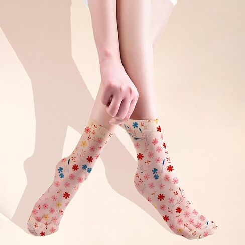 Women’s Sheer Floral Crew Socks, 3 Pack - Transparent Nylon Mesh, Lightweight Stretchy Dress Socks in Saudi Arabia