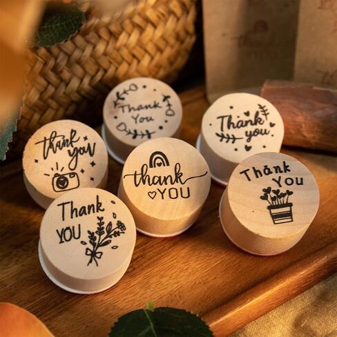 6Pcs Multi-Styles Wooden Stamp Thank You Stamps Set Round Rubber Thank-You Pattern Stamps for Scrapbooking Making Crafts DIY Cards in Saudi Arabia