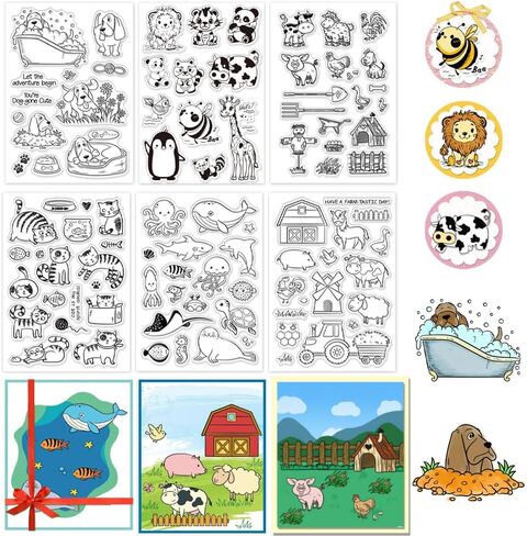 PH PandaHall 6 Sheets Animals Clear Stamps, Rubber Transparent Stamp Panda/Whale Puppy Cow Clear Craft Stamps for Card Making DIY Scrapbooking Album Crafting Journal Decoration in Kuwait