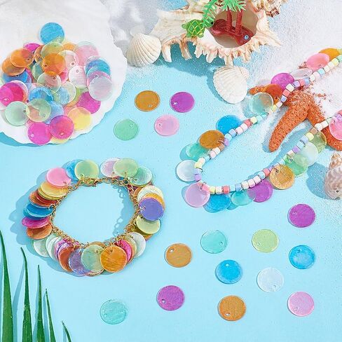 PH PandaHall 240pcs Shell Connector Charms Colored Capiz Shells with Holes, 15mm Flat Natural Round Shells Pieces Sea Shell Coin Bead for Necklace Earring Jewelry Making Crafts in Kuwait