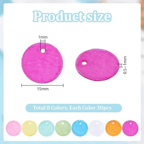 PH PandaHall 240pcs Shell Connector Charms Colored Capiz Shells with Holes, 15mm Flat Natural Round Shells Pieces Sea Shell Coin Bead for Necklace Earring Jewelry Making Crafts in Kuwait