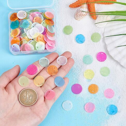 PH PandaHall 240pcs Shell Connector Charms Colored Capiz Shells with Holes, 15mm Flat Natural Round Shells Pieces Sea Shell Coin Bead for Necklace Earring Jewelry Making Crafts in Kuwait