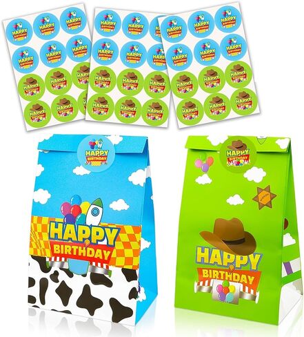 CHENRINDECO 32Pcs Cartoon Story Theme Gift Paper Bags with Stickers, Blue Sky White Clouds Small Rocket Party Candy Bags, Suitable for Cartoon Party Supplies in Saudi Arabia