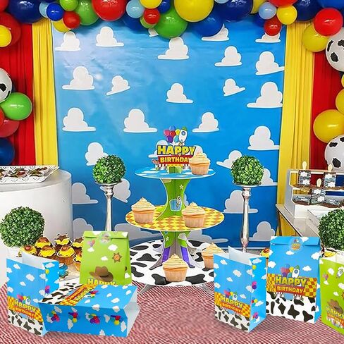 CHENRINDECO 32Pcs Cartoon Story Theme Gift Paper Bags with Stickers, Blue Sky White Clouds Small Rocket Party Candy Bags, Suitable for Cartoon Party Supplies in Saudi Arabia
