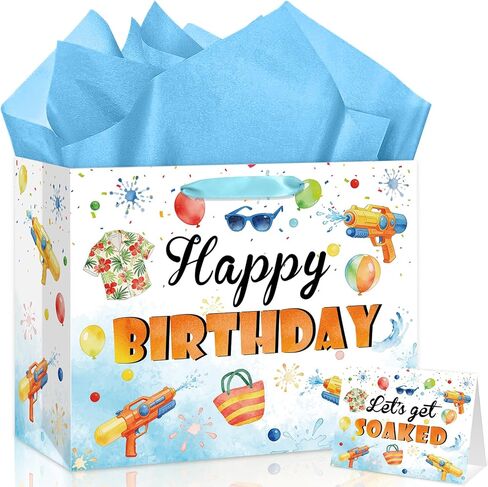 Water Gun Birthday Party Supplies Water Gun Birthday Gift Bag with Wrapping Paper and Card Large Summer Pool Party Wrapping Paper Bag for Boys Girls Beach Water Gun Theme Birthday Party Decorations in Kuwait