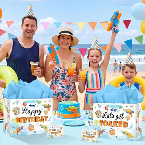 Water Gun Birthday Party Supplies Water Gun Birthday Gift Bag with Wrapping Paper and Card Large Summer Pool Party Wrapping Paper Bag for Boys Girls Beach Water Gun Theme Birthday Party Decorations in Kuwait